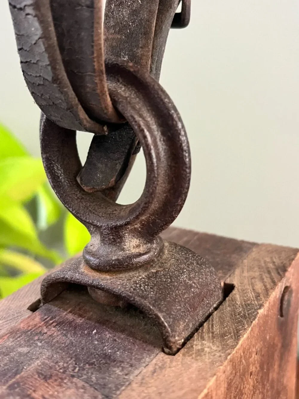 Antique Wood Pulley Block With Original Leather Strap Iron Hook Farmhouse Indust